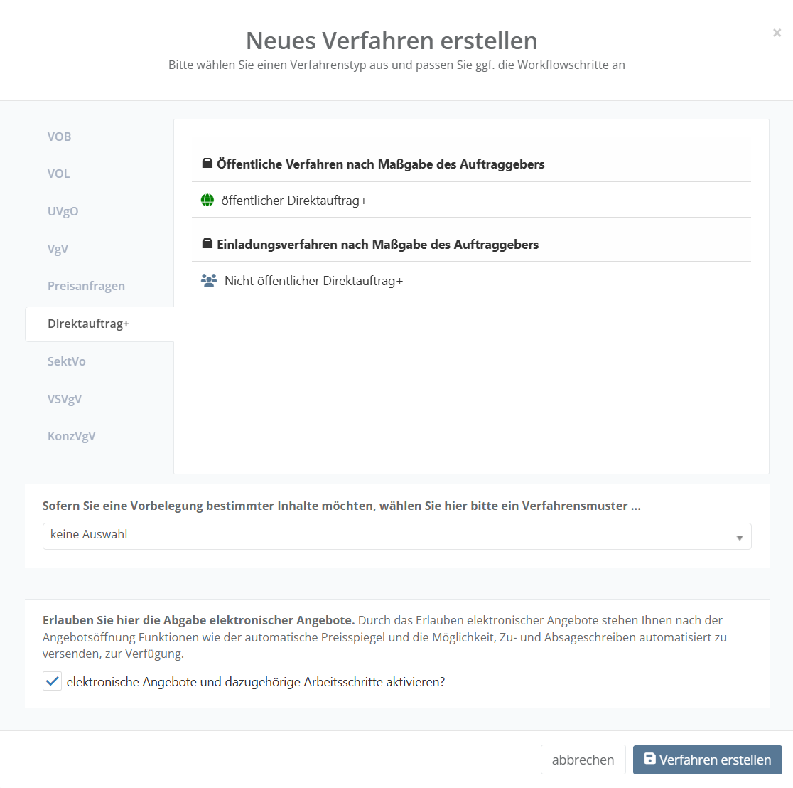 Auswahl Direktauftrag+ in der Deutschen eVergabe